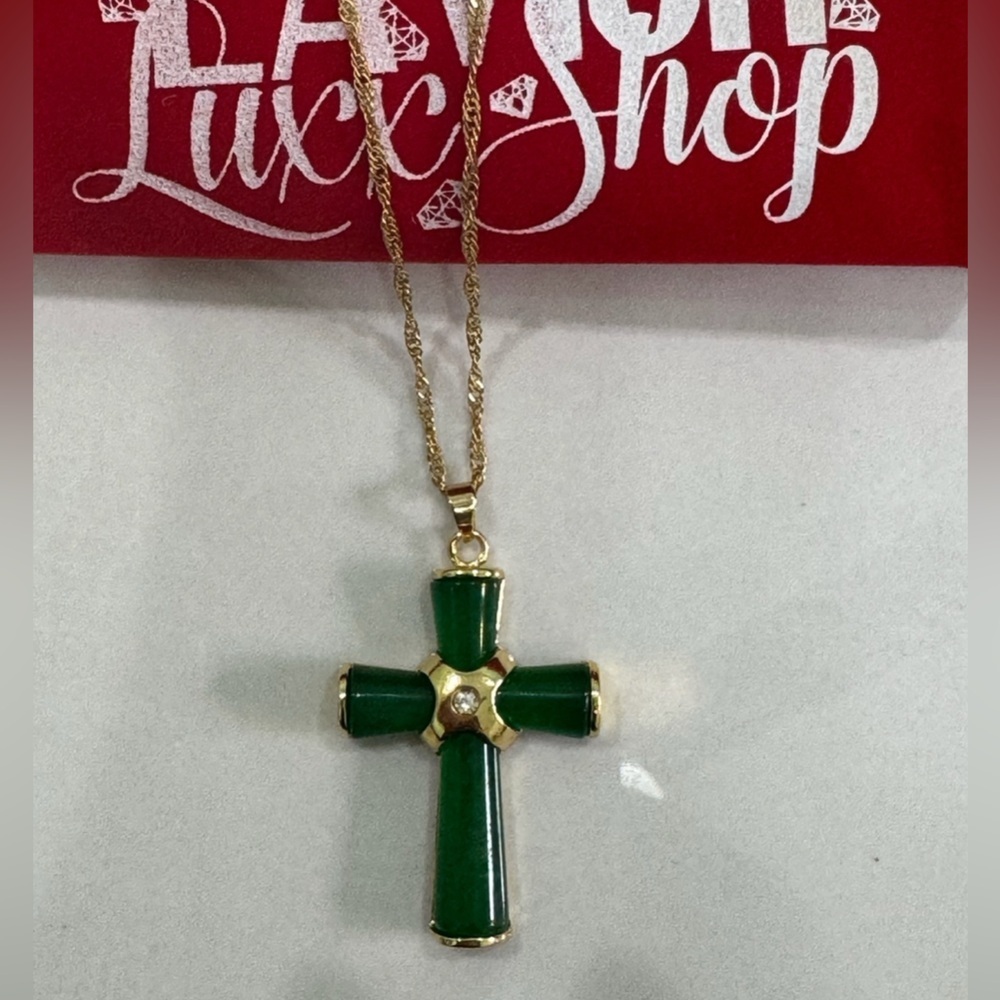 Green and Gold Cross Pendant Necklace